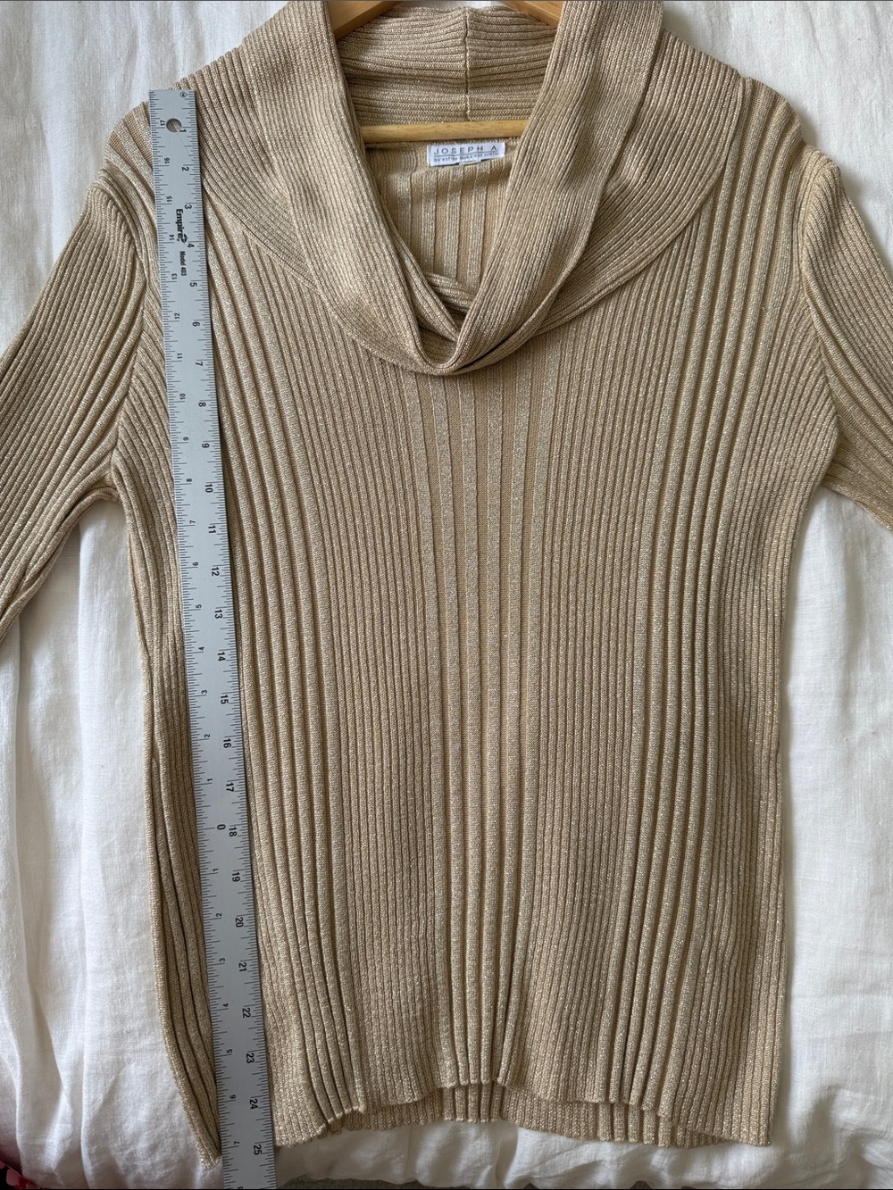 Joseph A. Shimmer Ribbed Knit Gold Cowl Neck Sweater Women's Size L Holiday Date - Picture 9 of 10